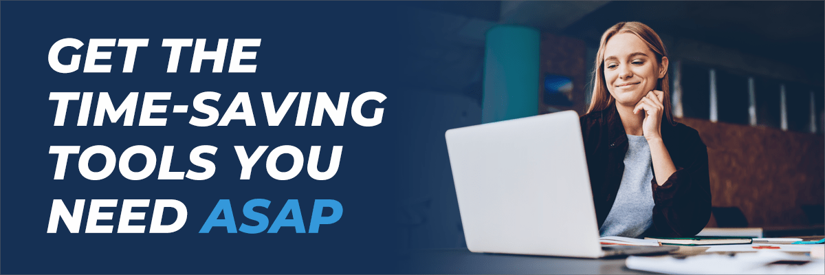 Smiling woman working efficiently on a laptop, representing time-saving tools.