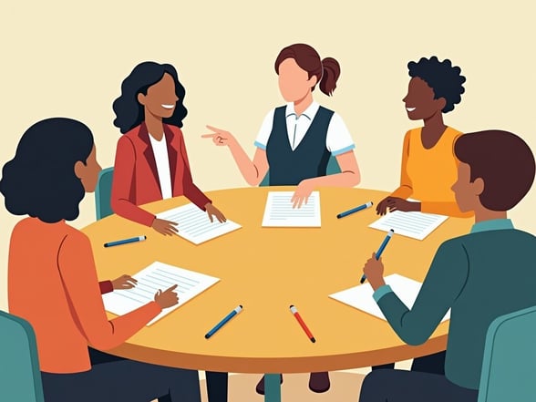 Illustration of students and staff talking about how to reduce food waste in their school