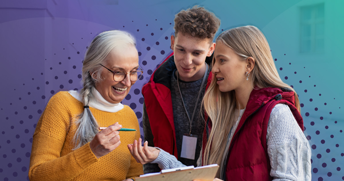 An older woman, a young man, and a young woman collaboratively reviewing documents, possibly discussing school fundraisers
