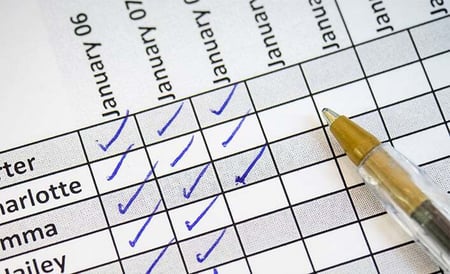 Close-up of a checked attendance sheet, representing attendance-based billing for reliability and accuracy.