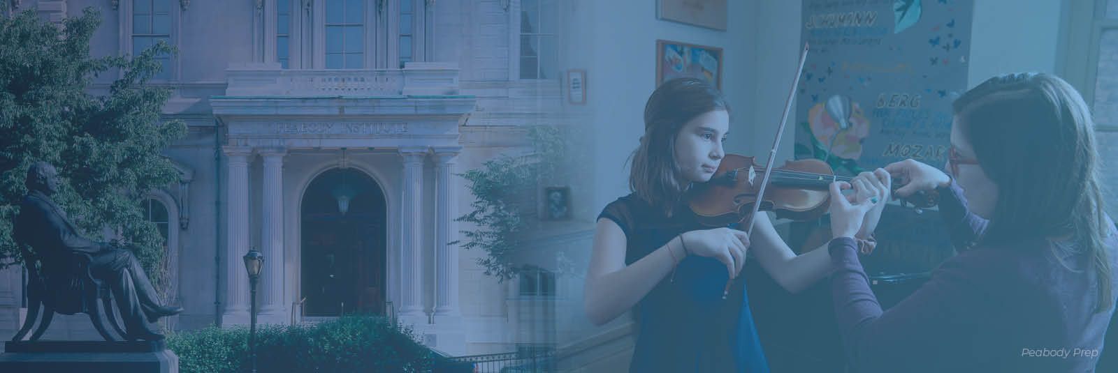 A student learning violin inside Peabody Preparatory, alongside an exterior view of the campus.