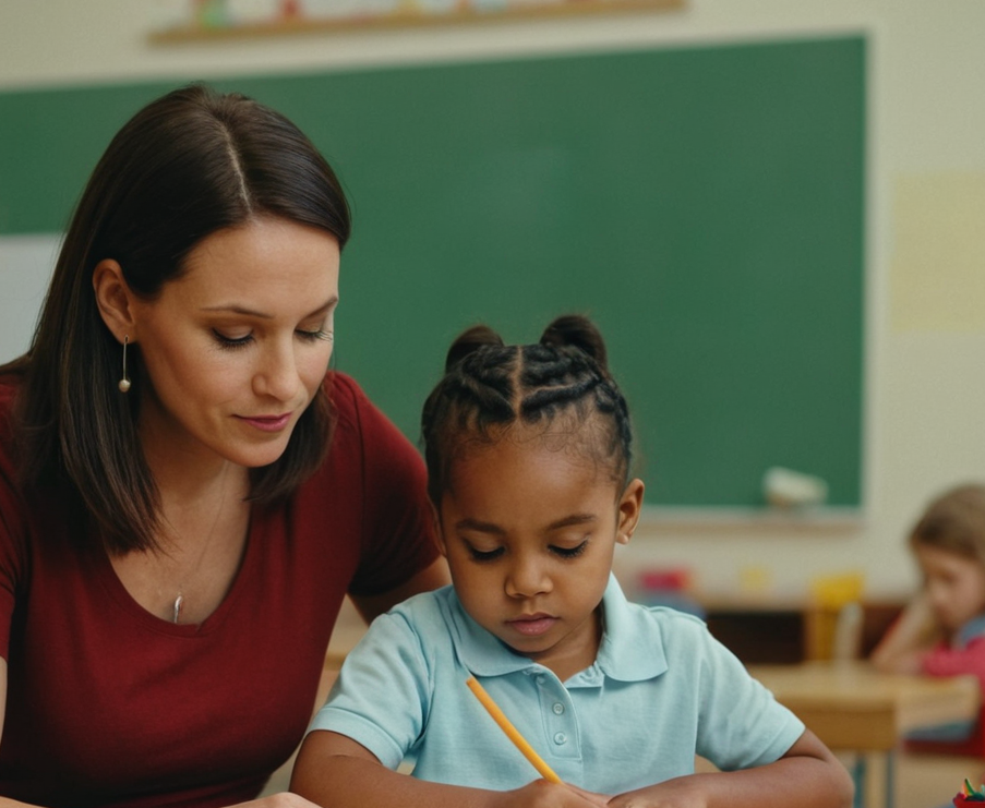 Preschooler doing a guided writing activity with a teacher