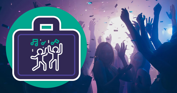 Prom event kit icon overlayed on a crowd dancing with confetti.