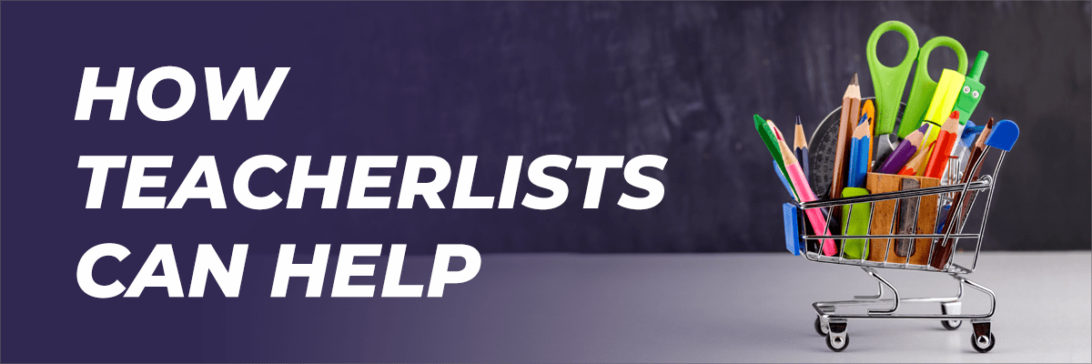 Miniature shopping cart filled with school supplies like pencils, crayons, and scissors, illustrating school supply lists.