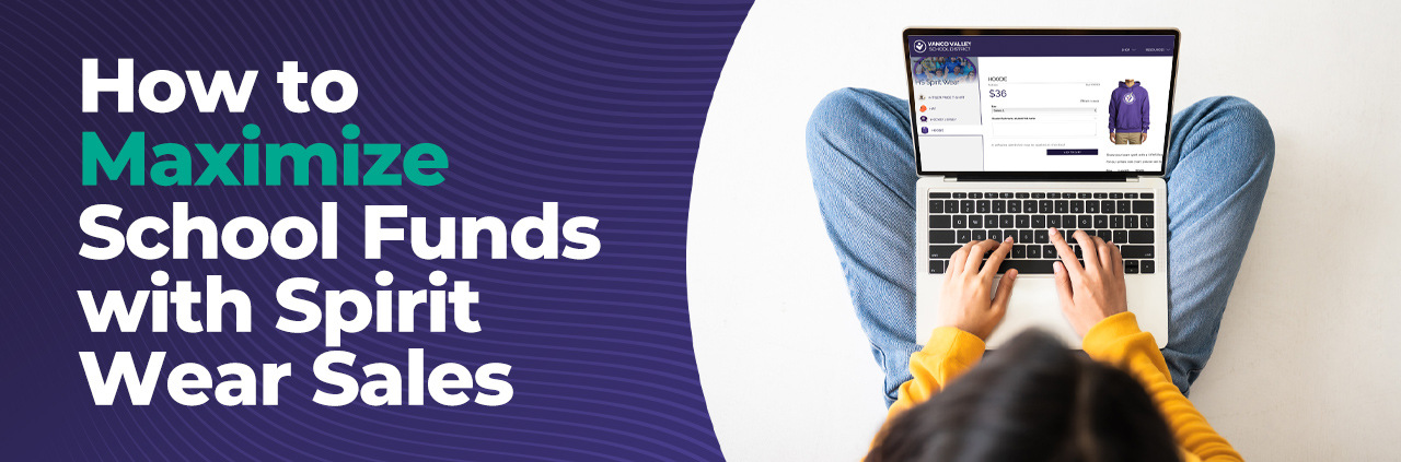 Person viewing a school spirit wear online store on a laptop, showing ways to maximize school funds.