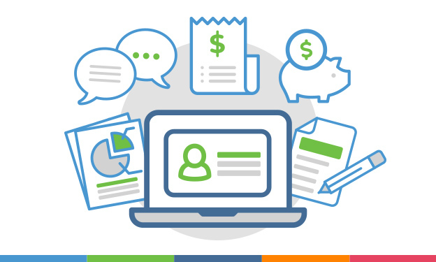 Illustration of a laptop and business icons representing modernizing and moving a childcare program online.