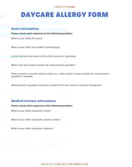 Screenshot of Daycare Allergy Form