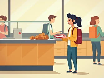 Student waiting in cafeteria line, looking at the school lunch menu