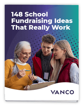 Cover of '148 School Fundraising Ideas That Really Work' guide with three people collaborating.