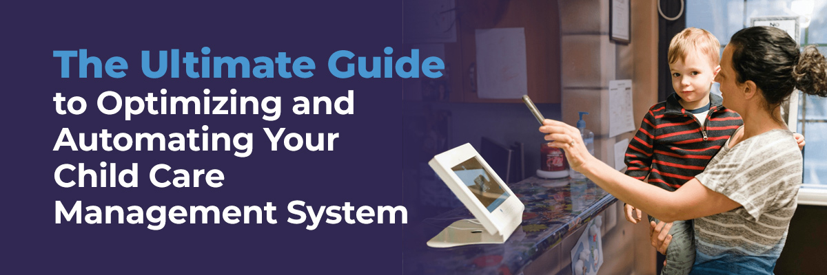 Woman and child interacting with a digital display, symbolizing modern child care management.