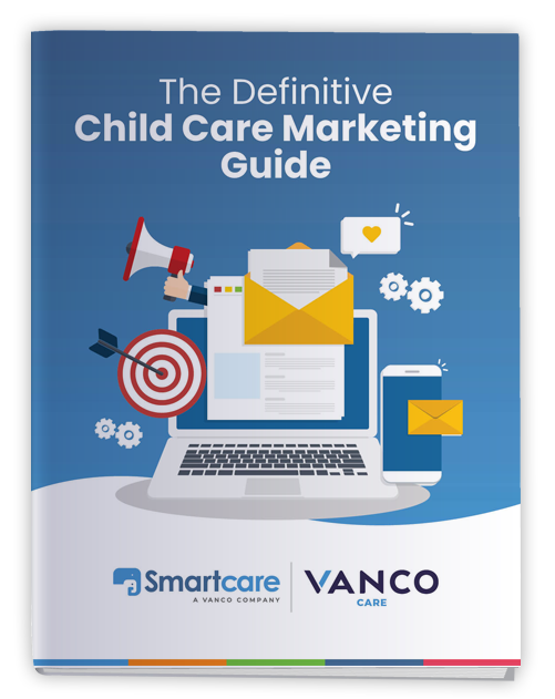 Cover of 'The Definitive Child Care Marketing Guide' with laptop, megaphone, target, and envelope icons.