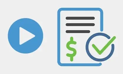 Illustration of a play button and a document with a dollar sign and checkmark, promoting a webinar on quick payments and simple reporting.