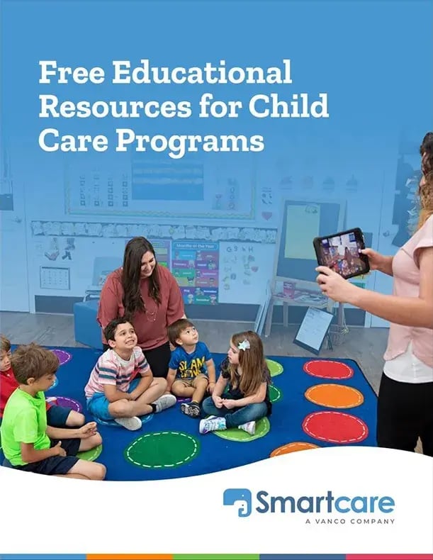 Children in a child care program engaging with an educational tablet