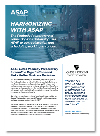 ASAP Harmonizing with ASAP case study cover featuring text about Peabody Preparatory's use of ASAP for registration and scheduling.