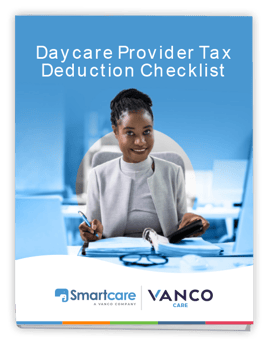 Cover of the "Daycare Provider Tax Deduction Checklist" guide, featuring a smiling woman reviewing documents.