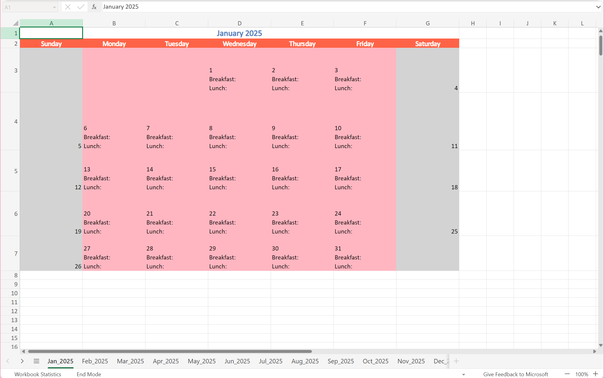 2025-2026 School Lunch Calendar