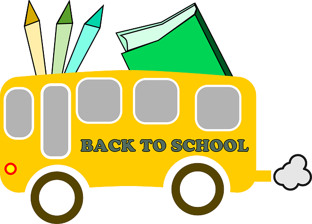 Bus with Back to School Written on it with Supplies Coming Out of Top