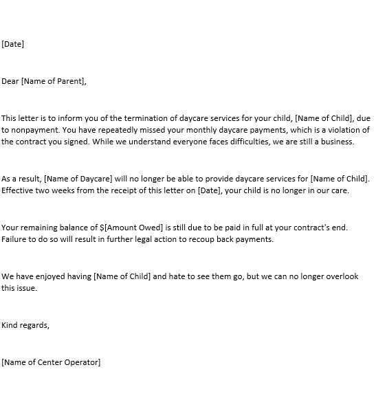Daycare Termination Letter 1 Nonpayment