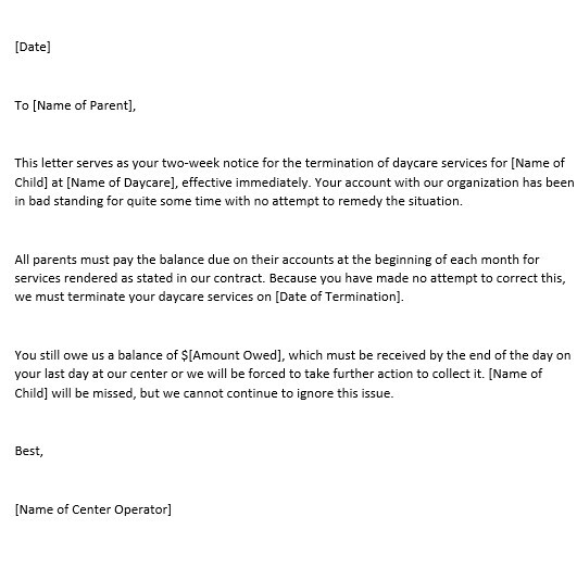 Daycare Termination Letter 2 Nonpayment