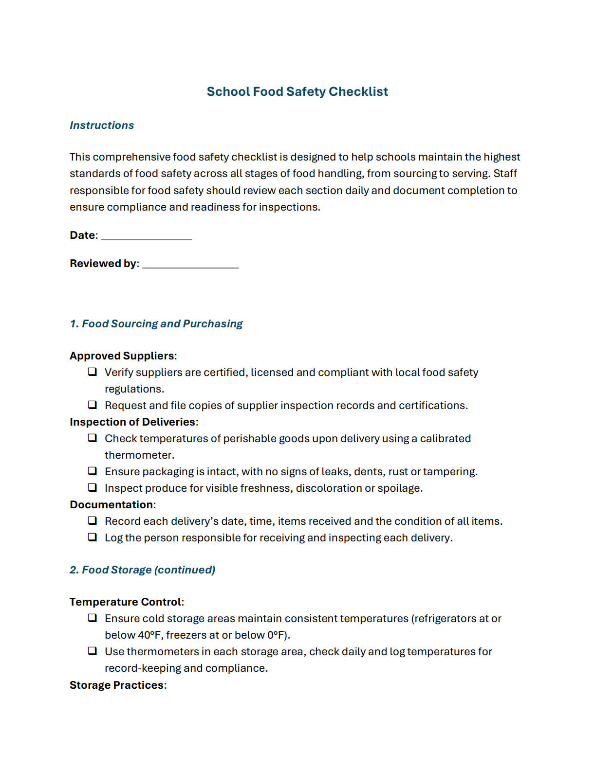 Food Safety Checklist