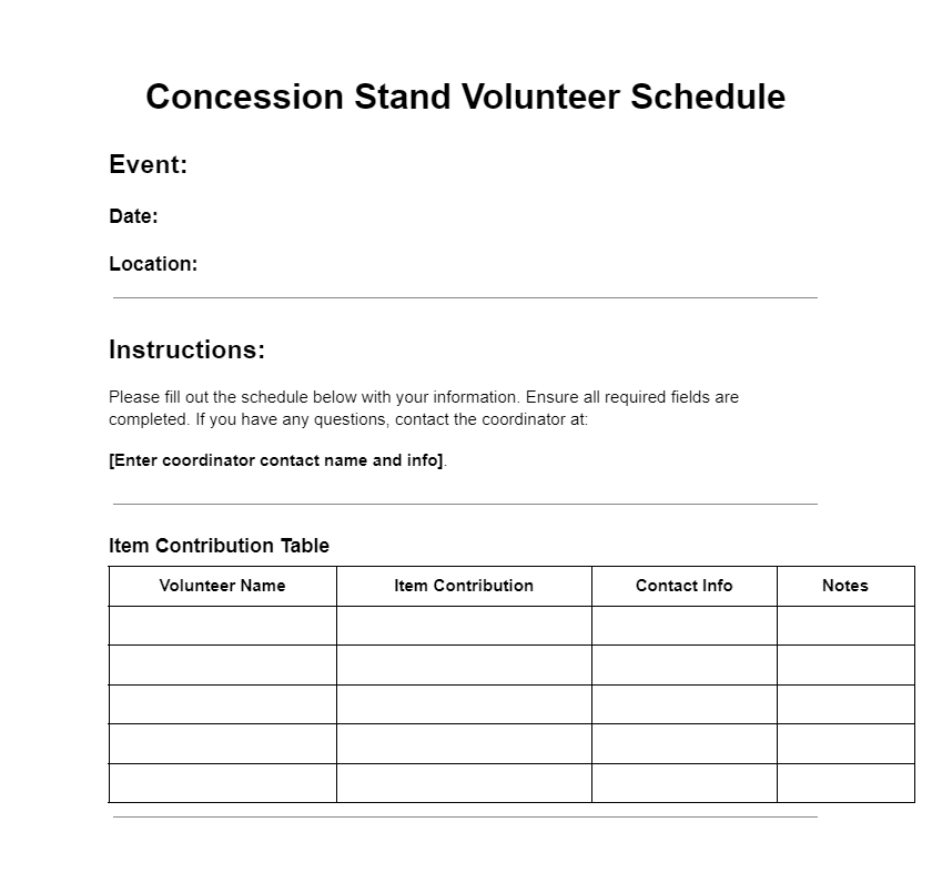Concession Stand Volunteer Schedule