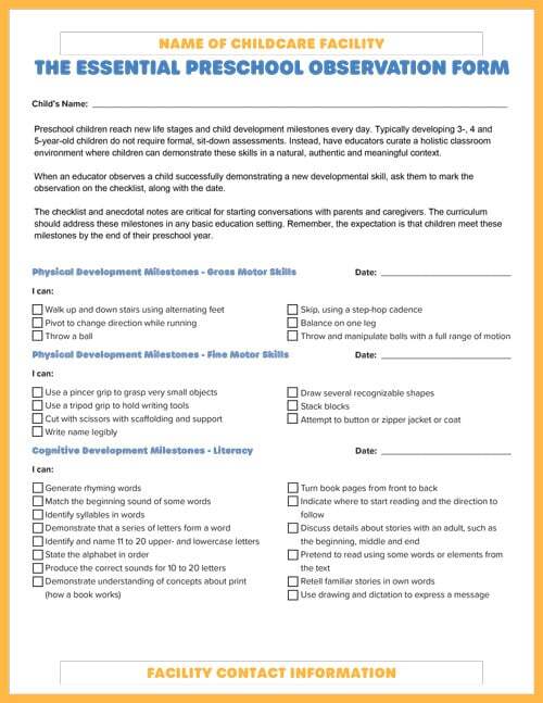 Preschool Observation Form Template Screenshot