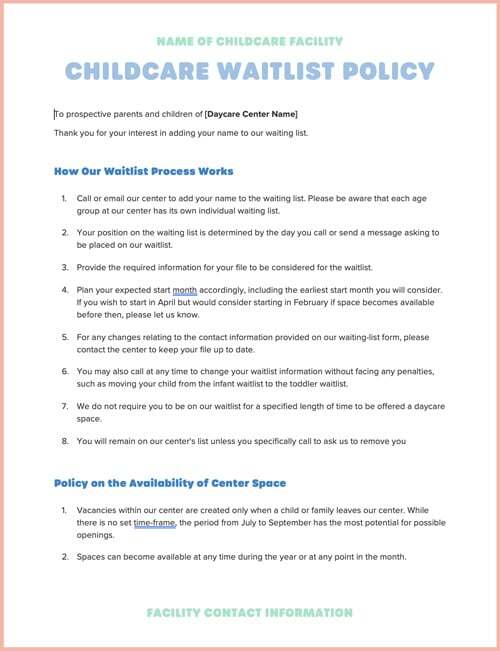 Child Care Waiting List Template